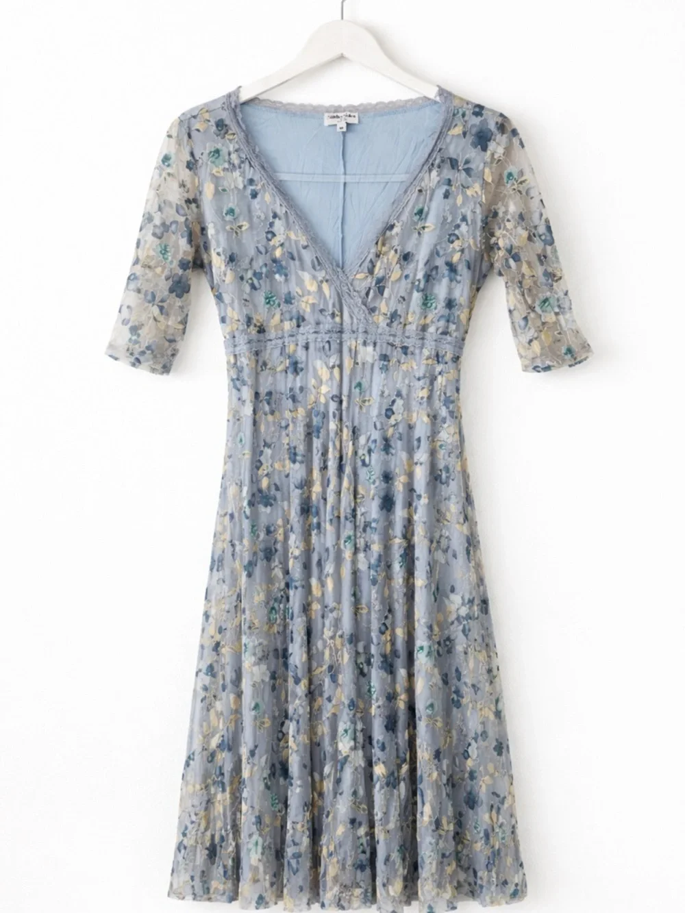 Vintage Y2K Blue Floral Embroidered Mesh Midi Dress Sz M Cottagecore Fairycore - Picture 2 of 11
